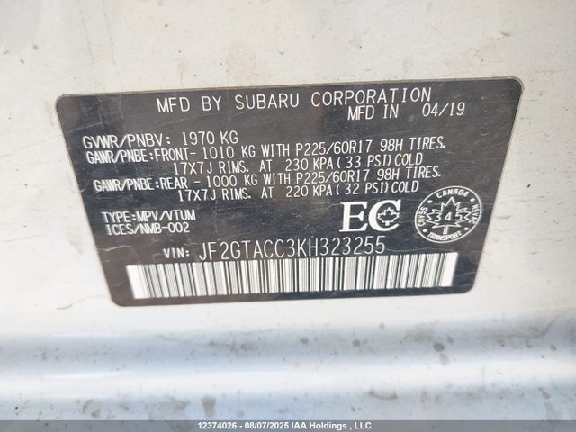 JF2GTACC3KH323255 Subaru naturally aspirated