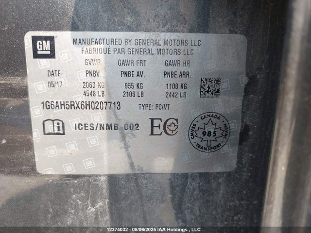 1G6AH5RX6H0207713 Cadillac ltg - sid, alum, vvt, dcvcp turbo, e0-e100, alum