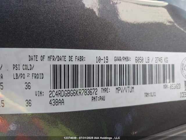 2C4RDGBG6KR783672 Dodge Grand Caravan