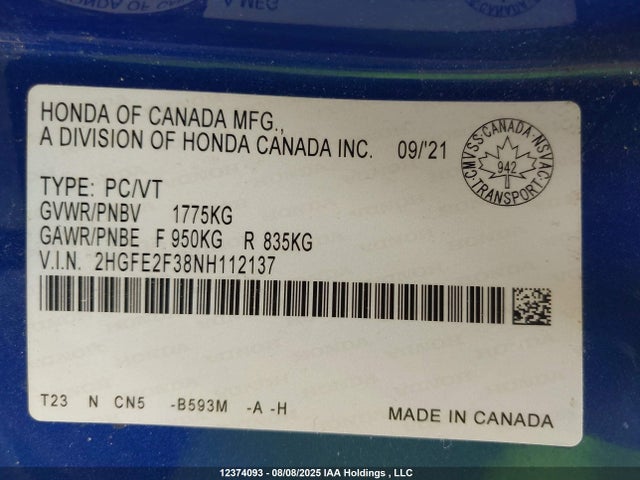 Honda Civic 2022 2HGFE2F38NH112137 Image 18
