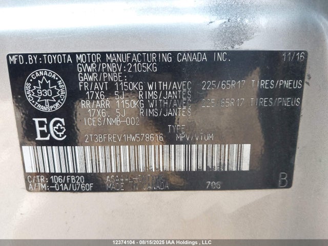 Toyota 2ar-fe 2017 2T3BFREV1HW578616 Image 9