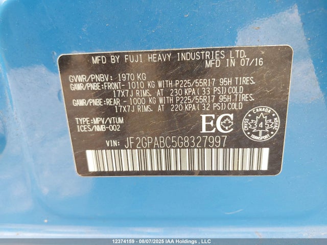 JF2GPABC5G8327997 Subaru naturally aspirated