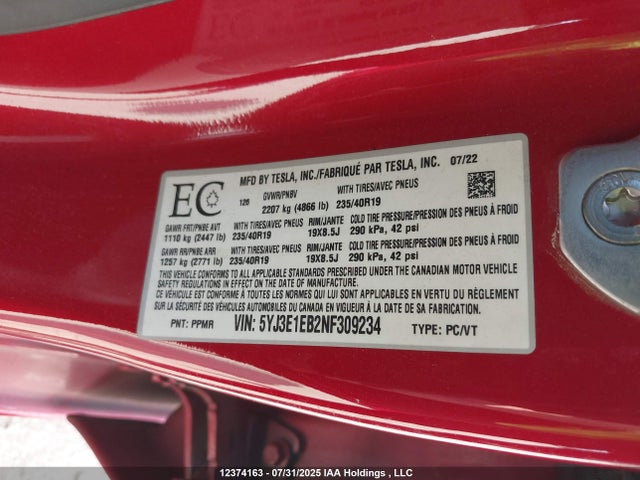 5YJ3E1EB2NF309234 Tesla 2022