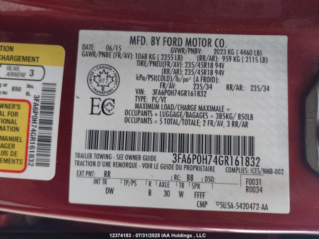 Ford Fusion 2016 3FA6P0H74GR161832 Image 9