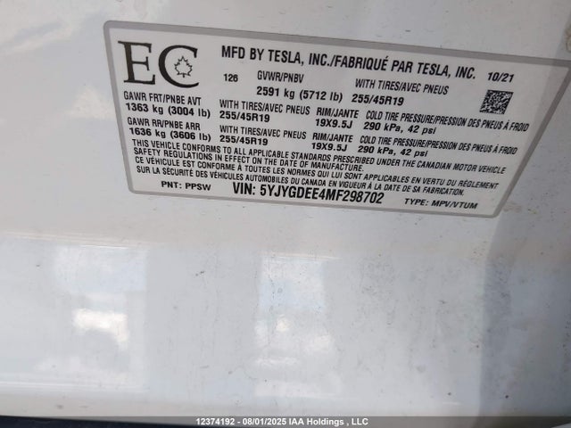 Tesla 2021 2021 5YJYGDEE4MF298702 Image 9