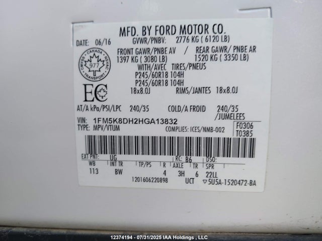 1FM5K8DH2HGA13832 Ford 2.3l gtdi