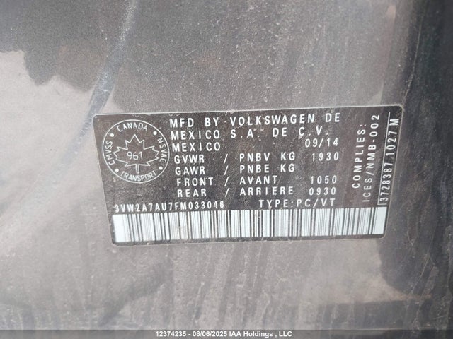 3VW2A7AU7FM033046 Volkswagen 2015