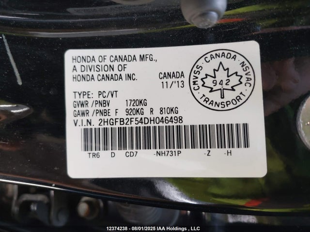 Aukcja sprzedaży 2013 Honda Civic Ex 4dr, vin: 2HGFB2F54DH046498, numer aukcji: 12374238