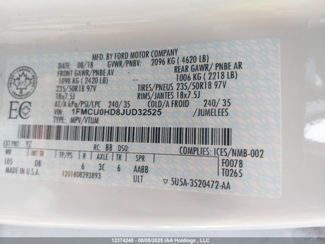 1FMCU0HD8JUD32525 Ford 1.5l gtdi sigma w/premium fuel