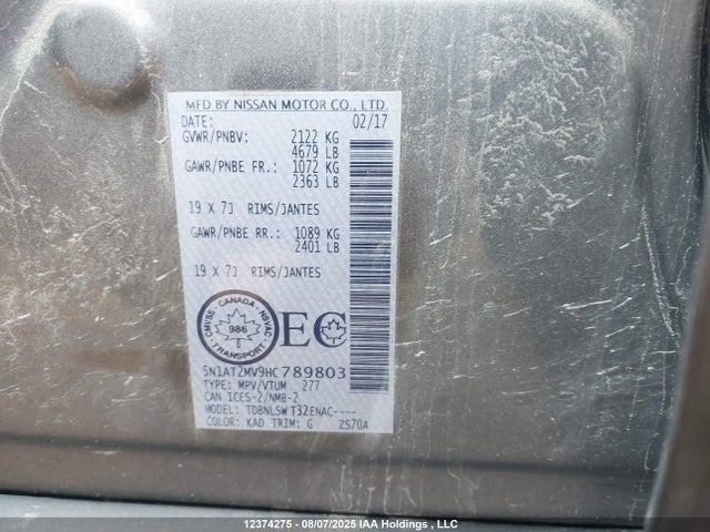 5N1AT2MV9HC789803 Nissan Rogue