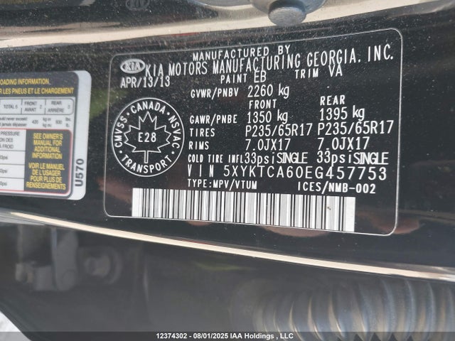 Продаж на аукціоні авто 2014 Kia Sorento Lx, vin: 5XYKTCA60EG457753, номер лоту: 12374302