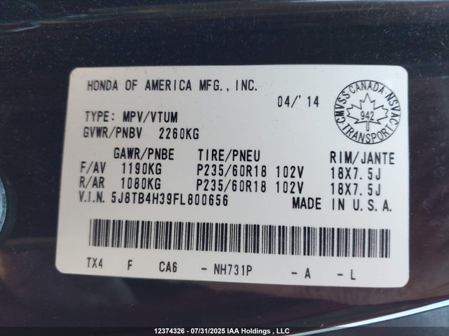 Acura j35z2 2015 5J8TB4H39FL800656 Image 9