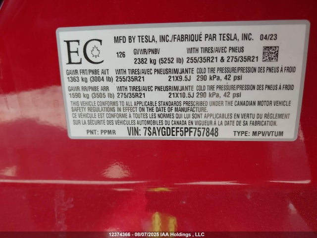 7SAYGDEF5PF757848 Tesla Model Y