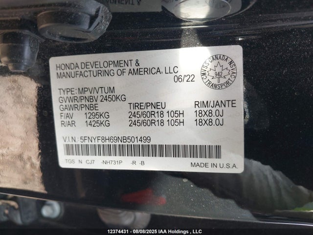 Honda j35y6 2022 5FNYF8H69NB501499 Image 9