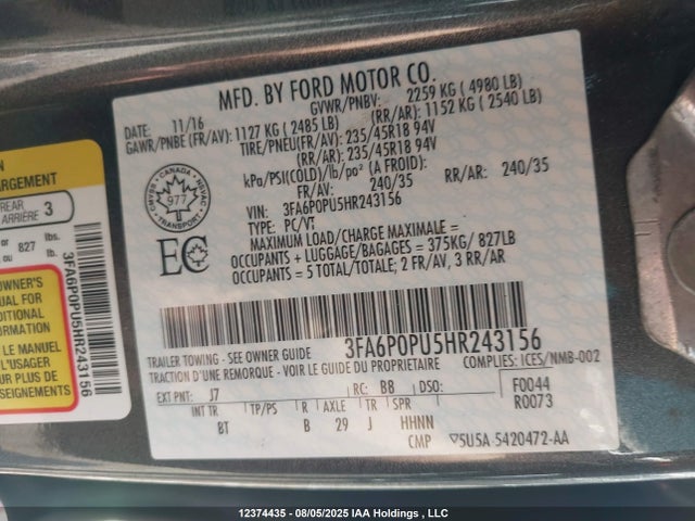 Ford 2.0l 4v atk hev 2017 3FA6P0PU5HR243156 Image 9