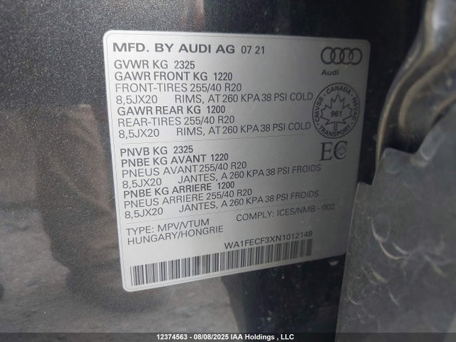WA1FECF3XN1012148 Audi 45 tfsi