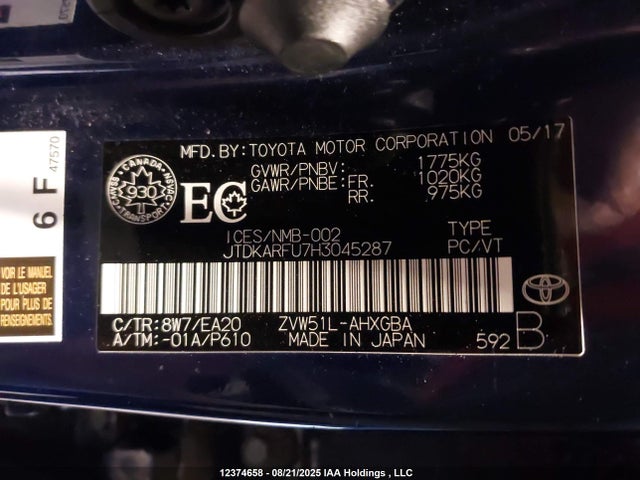 Toyota 2zr-fxe,1nm 2017 JTDKARFU7H3045287 Image 18