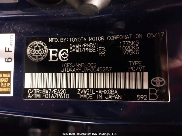 Toyota 2zr-fxe,1nm 2017 JTDKARFU7H3045287 Image 9