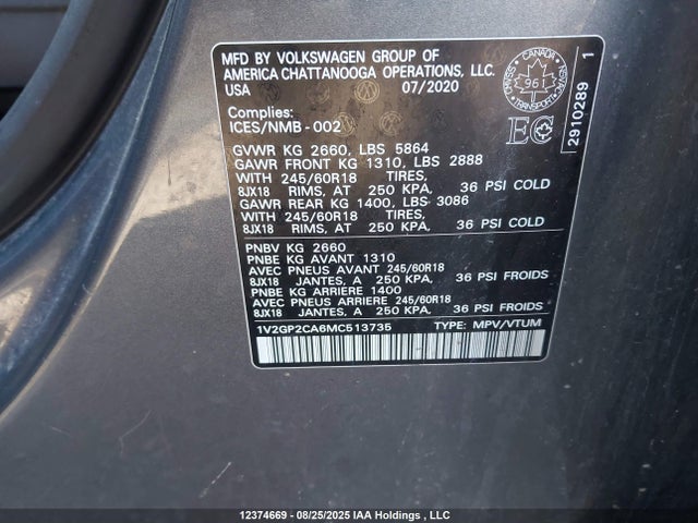 1V2GP2CA6MC513735 Volkswagen 2.0 tsi