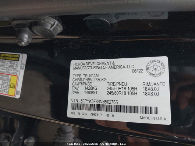 Honda j35y6 2022 5FPYK3F86NB502765 Image 9