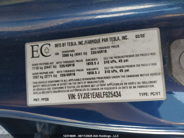 5YJ3E1EA6LF625434 Tesla MODEL 3