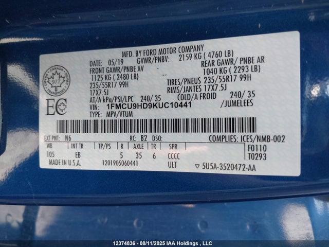 1FMCU9HD9KUC10441 Ford 1.5l gtdi sigma w/premium fuel