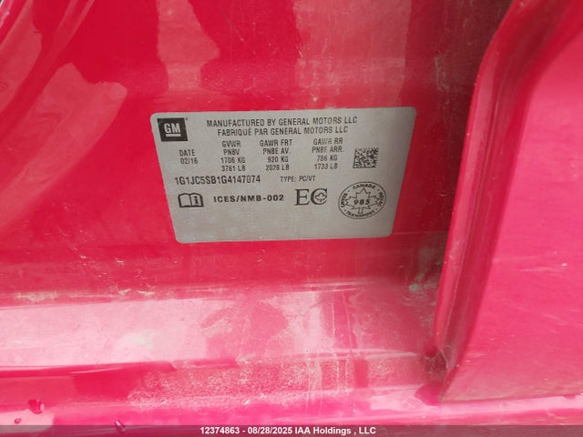 Chevrolet luv - vvt, alum, e85 max 2016 1G1JC5SB1G4147074 Image 9