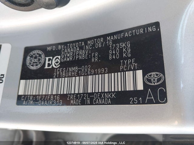 Toyota 2zr-fe 2016 2T1BURHE1GC691993 Image 9