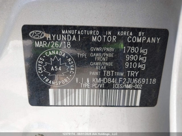 KMHD84LF2JU669118 Hyundai mpi nu