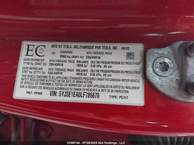 5YJ3E1EA0LF786670 Tesla MODEL 3