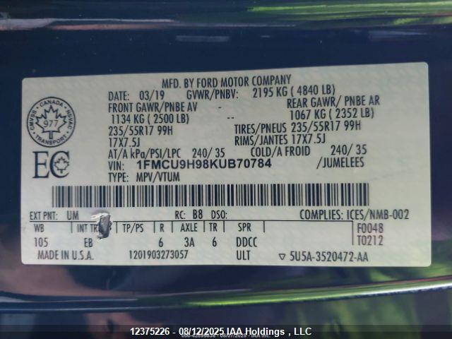 1FMCU9H98KUB70784 Ford Escape