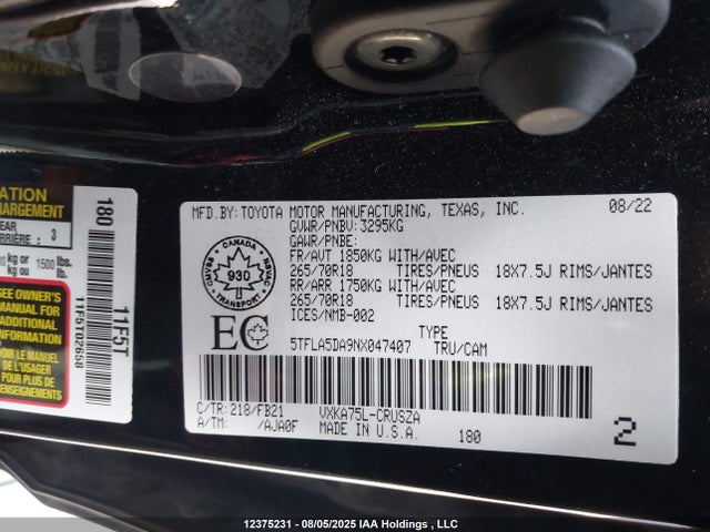 Toyota v35a-fts 2022 5TFLA5DA9NX047407 Image 9
