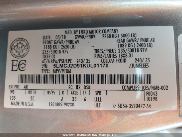 5LMCJ2D91KUL01170 Lincoln 2.0l ecoboost