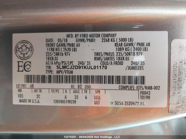 5LMCJ2D91KUL01170 Lincoln 2.0l ecoboost