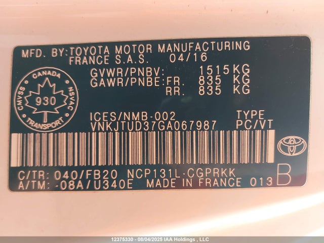 VNKJTUD37GA067987 Toyota 1nz-fe
