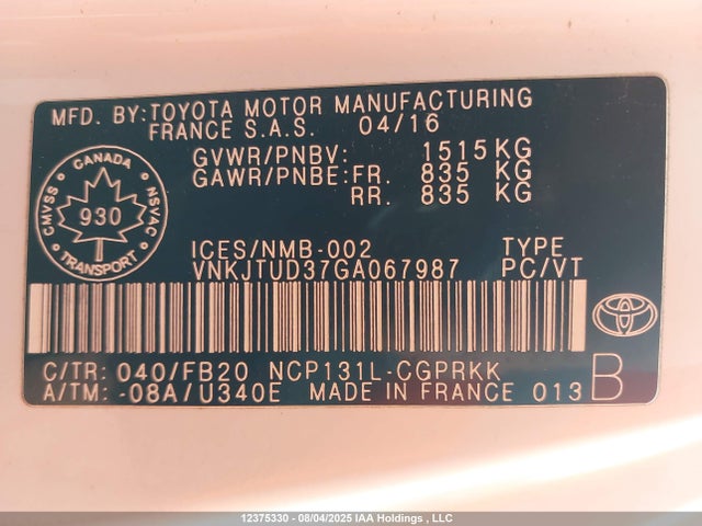 VNKJTUD37GA067987 Toyota 1nz-fe