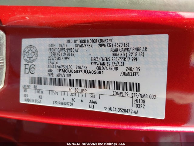 1FMCU0GD7JUA05681 Ford 1.5l gtdi sigma w/premium fuel