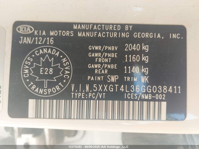 5XXGT4L36GG038411 KIA t-gdi theta ii