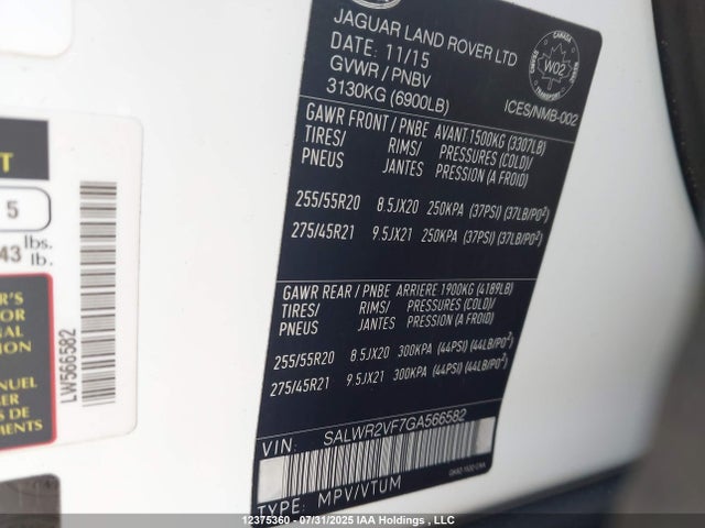 Land Rover s/c lev3 sulev30 2016 SALWR2VF7GA566582 Image 9
