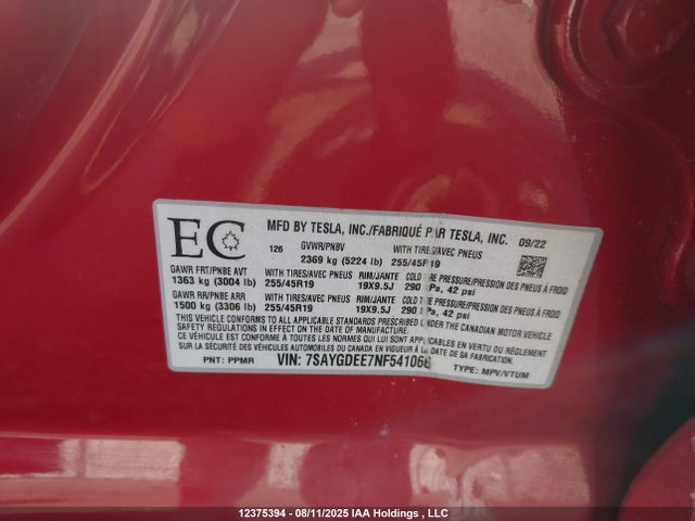 7SAYGDEE7NF541066 Tesla Model Y