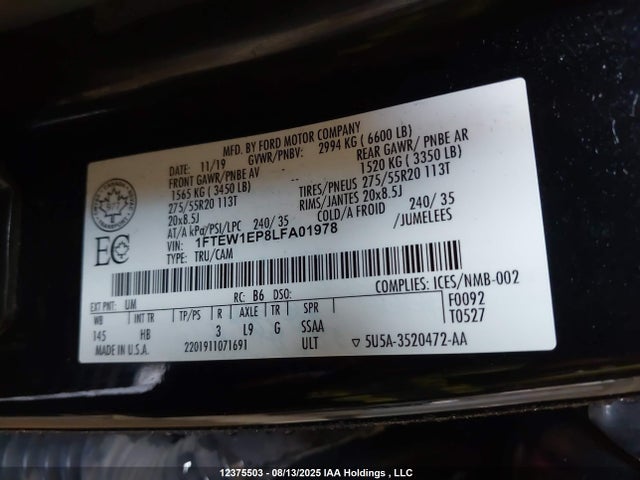 Ford 2.7l-4v 2020 1FTEW1EP8LFA01978 Image 9