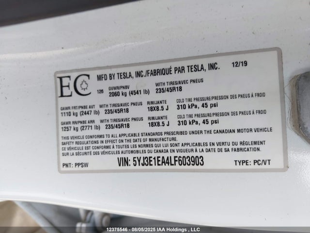 Tesla 2020 2020 5YJ3E1EA4LF603903 Image 9