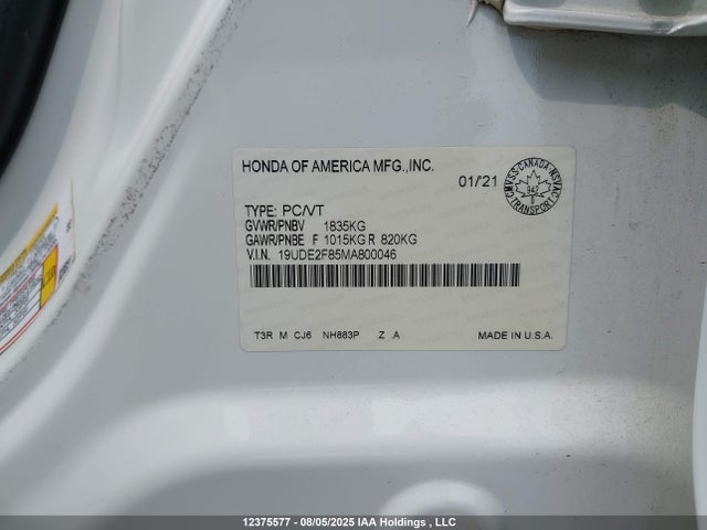 Acura k24v7 2021 19UDE2F85MA800046 Image 9