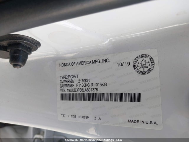 Acura j35y6 2020 19UUB3F68LA801378 Image 9