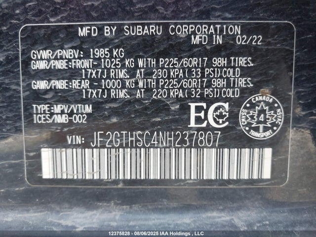 Subaru na 2022 JF2GTHSC4NH237807 Image 9