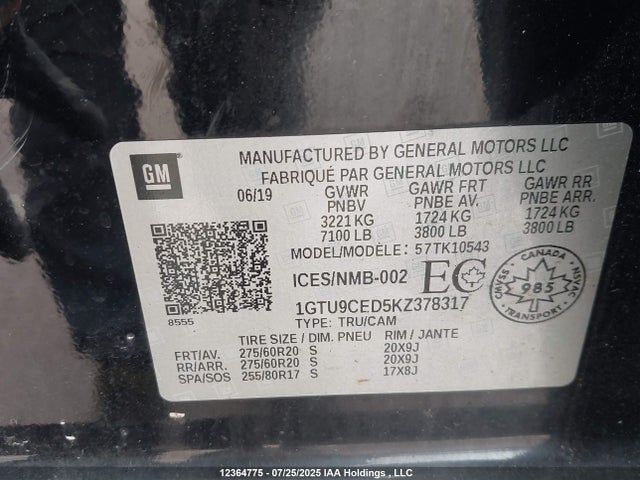 1GTU9CED5KZ378317 GMC l84 - di, dfm, alum, gen 5, var 2