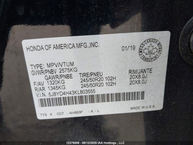 Acura j35y5 2019 5J8YD4H43KL803555 Image 9