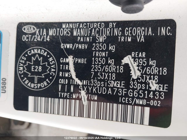 KIA gasoline 3.3 v6 gdi lambda ii 2015 5XYKUDA73FG651433 Image 9