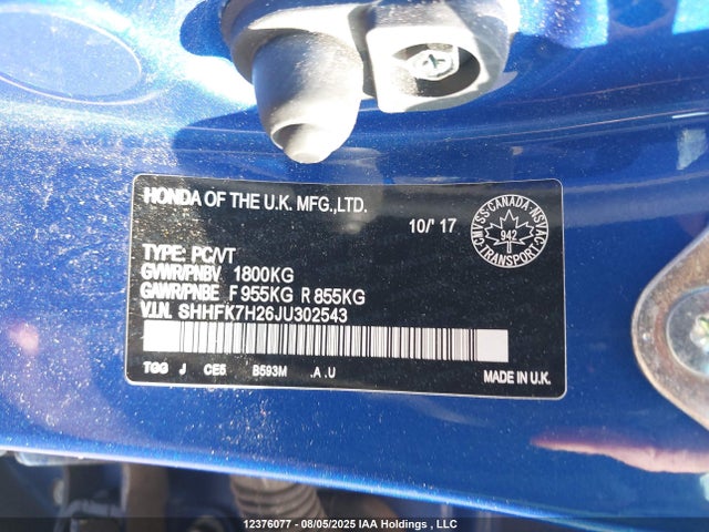 SHHFK7H26JU302543 Honda l15ba