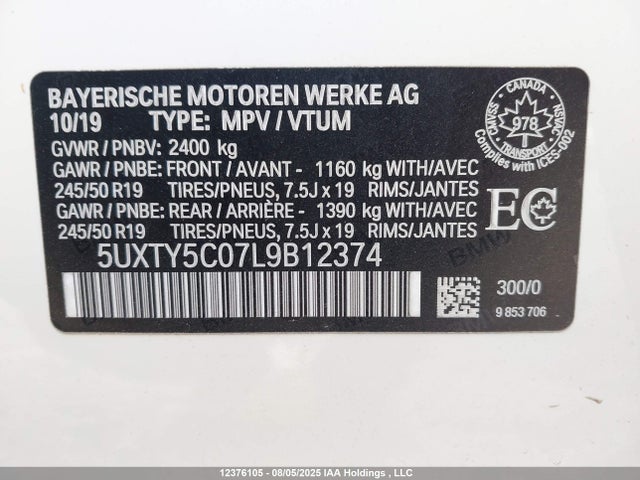 BMW X3 2020 5UXTY5C07L9B12374 Image 9